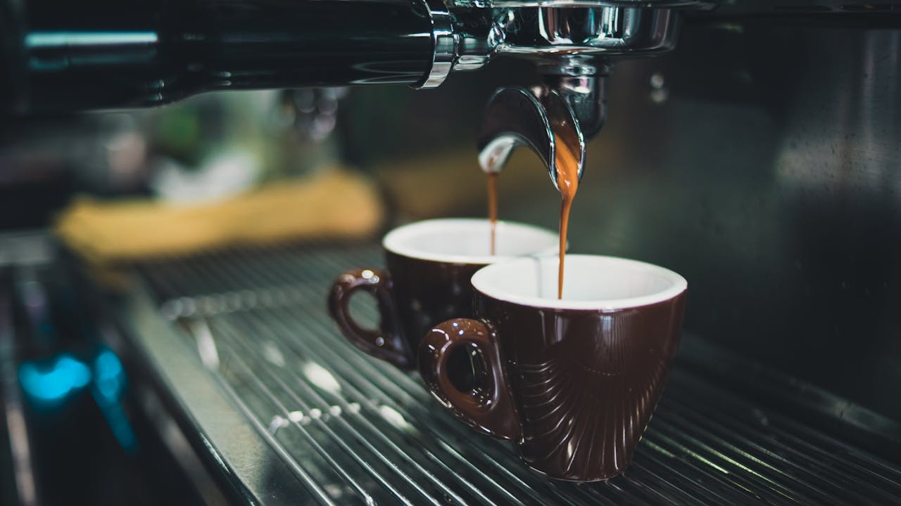 Coffee brewing setup with beans and equipment