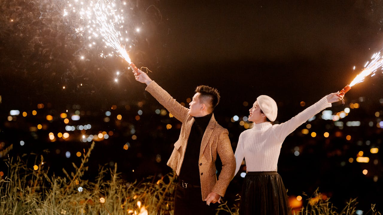 Engaged couple celebrating together