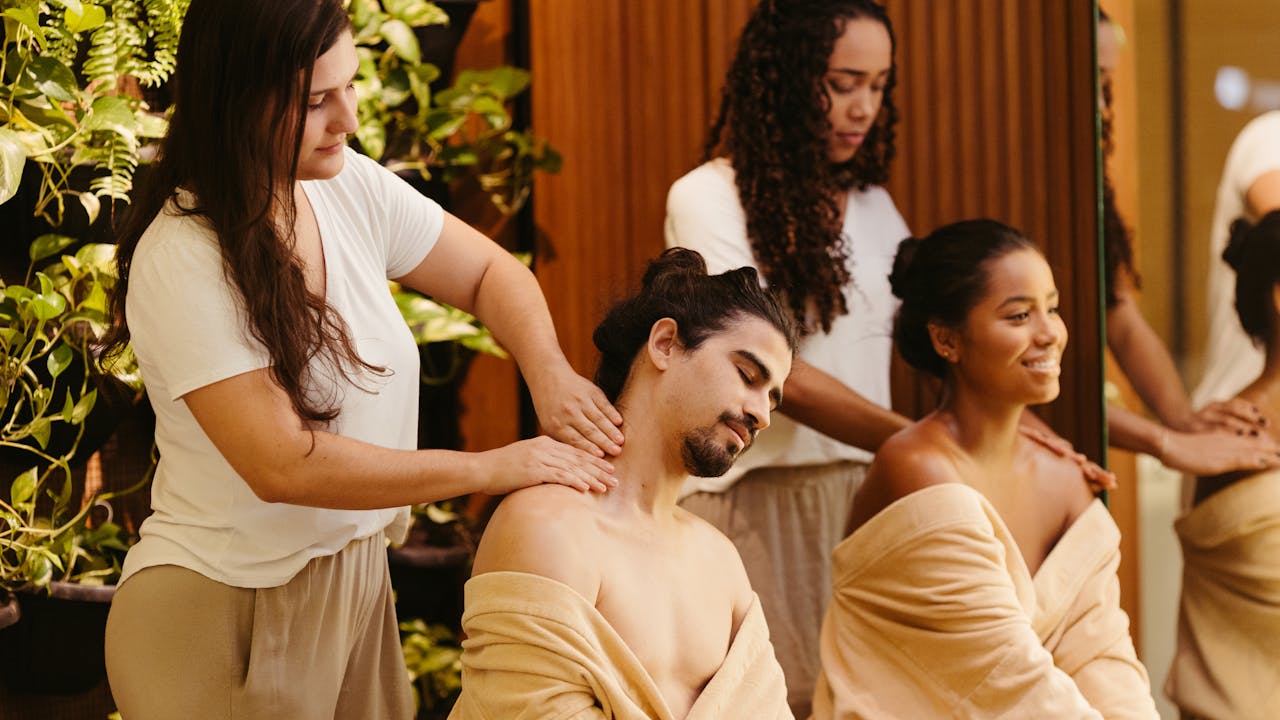Relaxing couples spa treatment with warm atmosphere