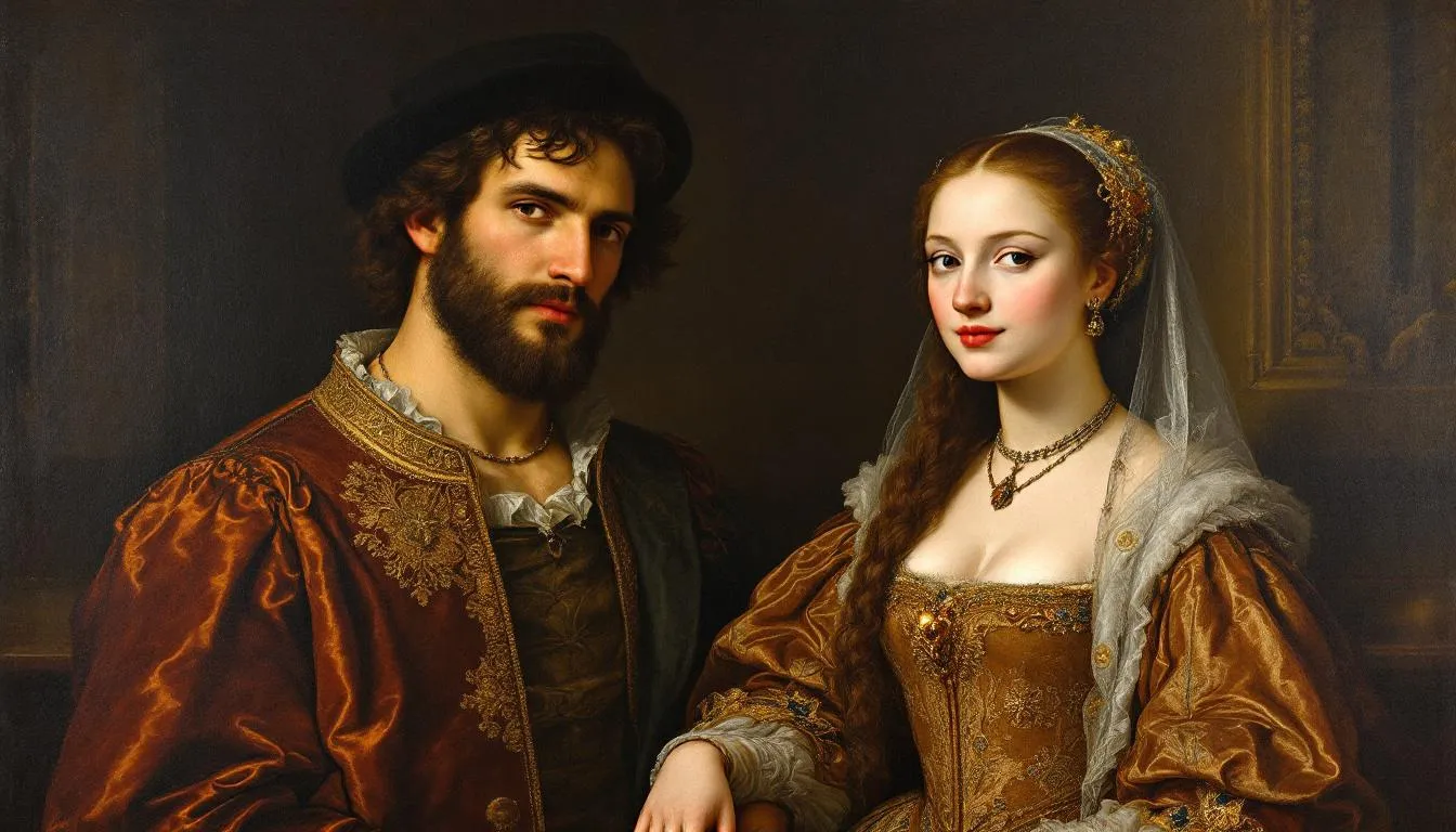 Classical oil painting of a Renaissance couple, diptych style with ornate gilded frames and period costumes