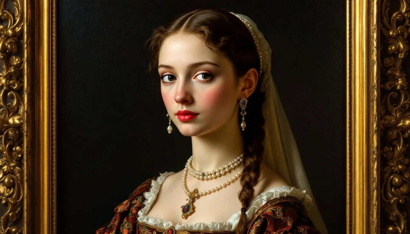 Renaissance noblewoman portrait in Florentine court style, rich brocade gown and pearls, museum quality oil painting