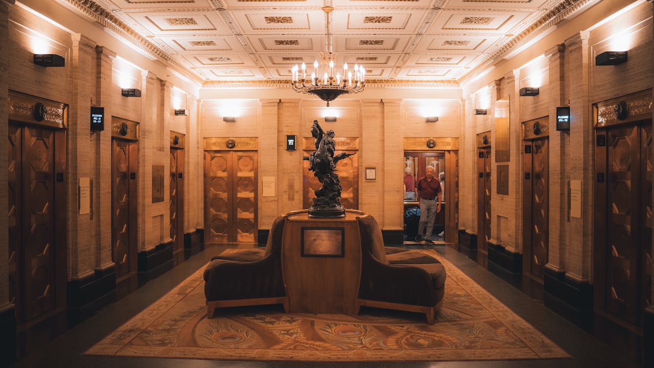 Art deco interior with geometric patterns and gold accents