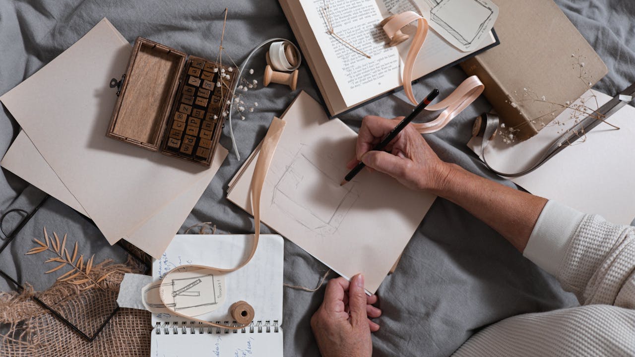 Sketchbook with drawing tools on a creative desk