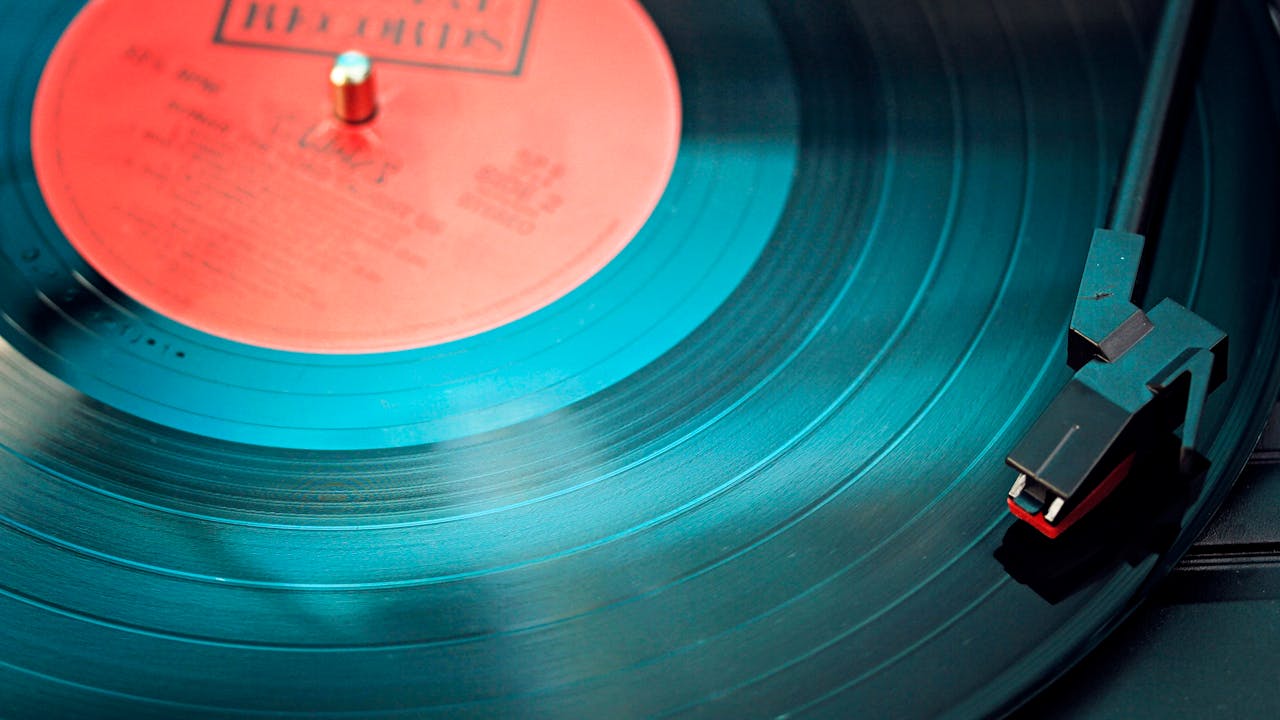 Vintage vinyl records collection with turntable