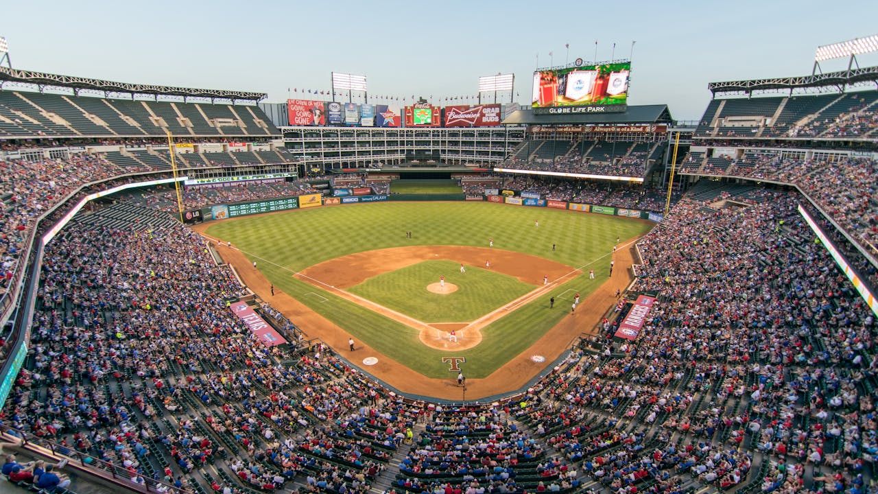Aerial view of a baseball diamond in the sunshine