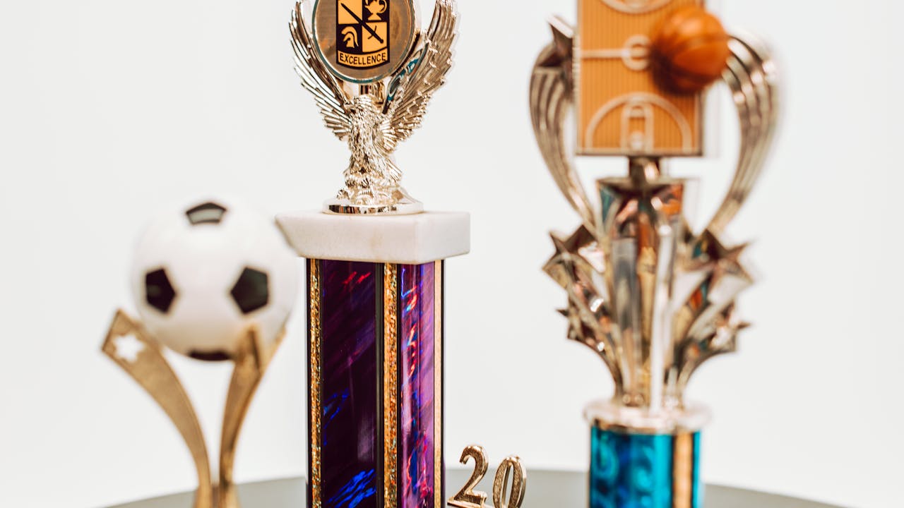Sports trophies displayed on a shelf