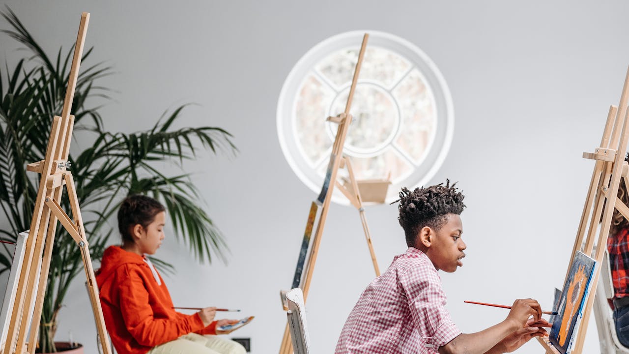 Art workshop with participants painting at easels