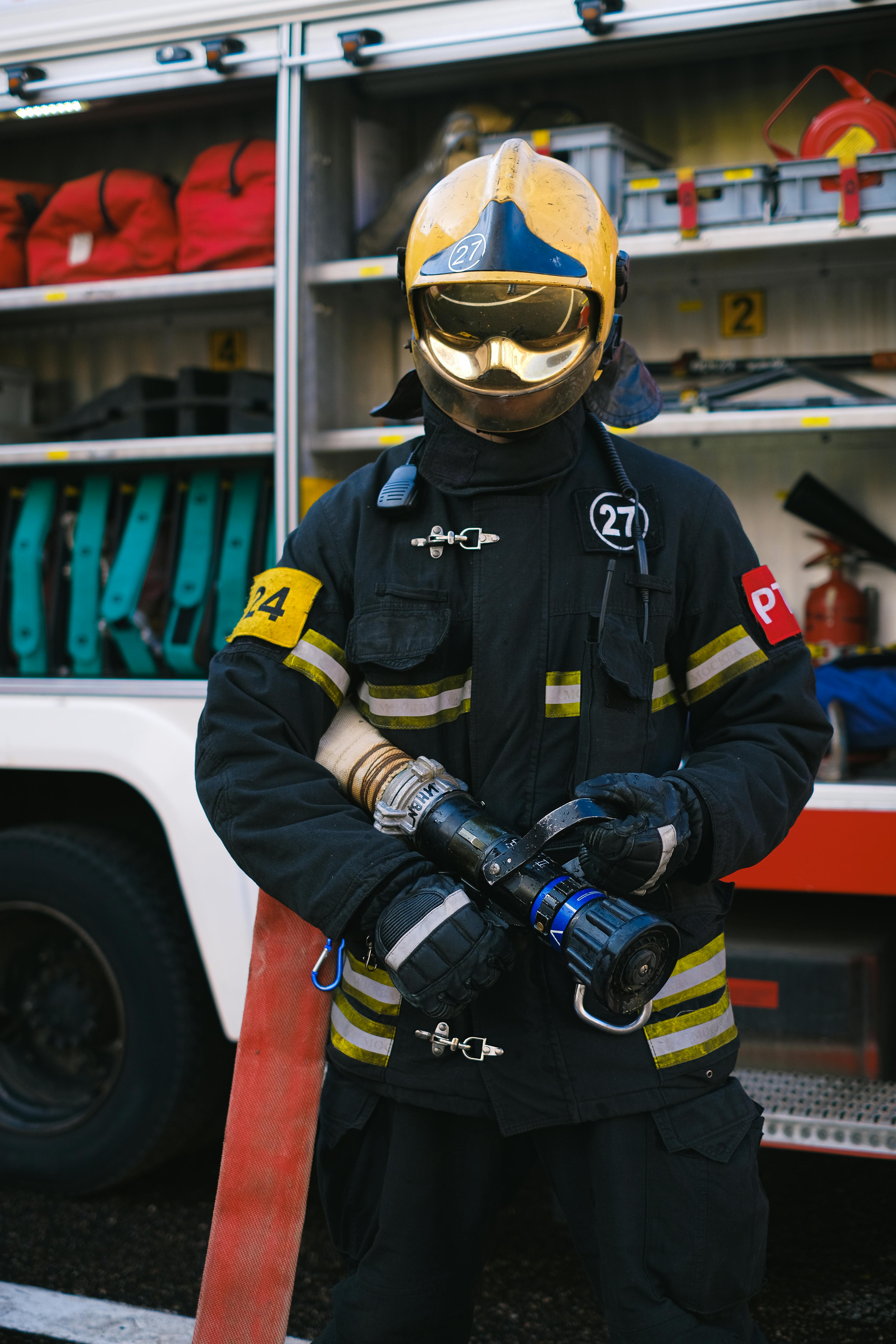 Professional firefighter portrait in classical style with warm lighting and traditional composition