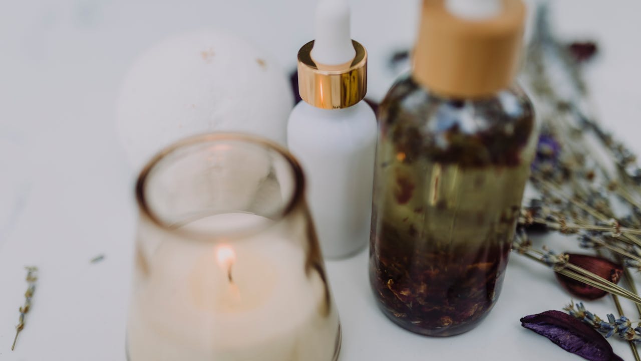 Spa products and self-care essentials arranged beautifully