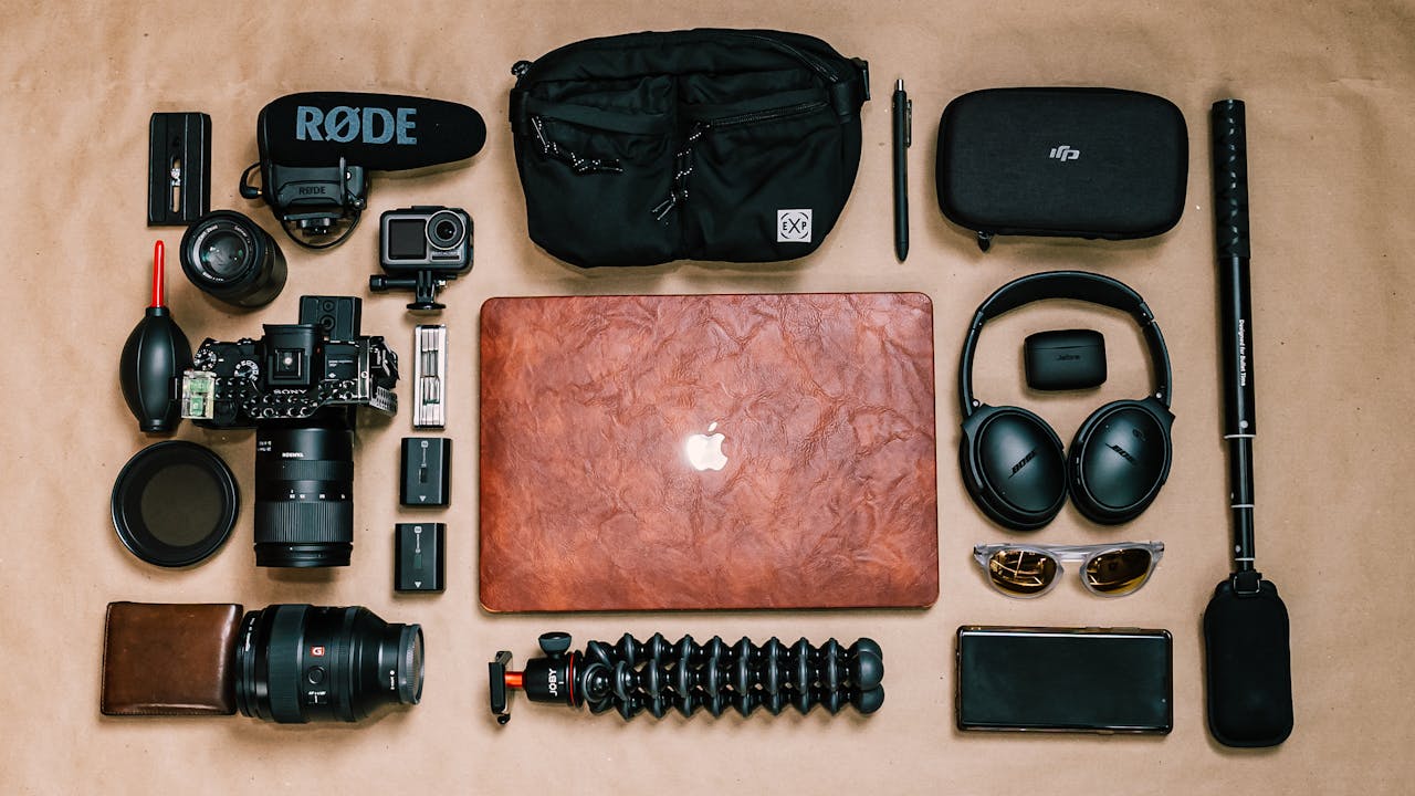 Camera gear and photography accessories arranged neatly