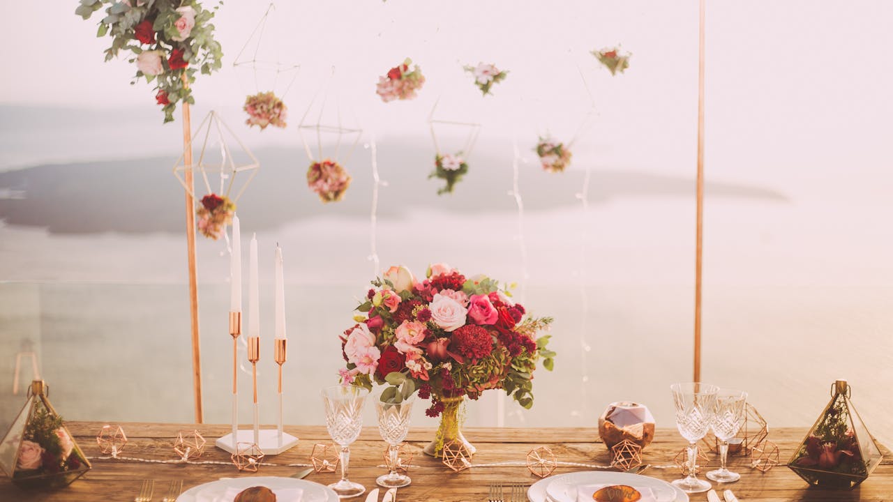Bride and groom on their wedding day in romantic setting