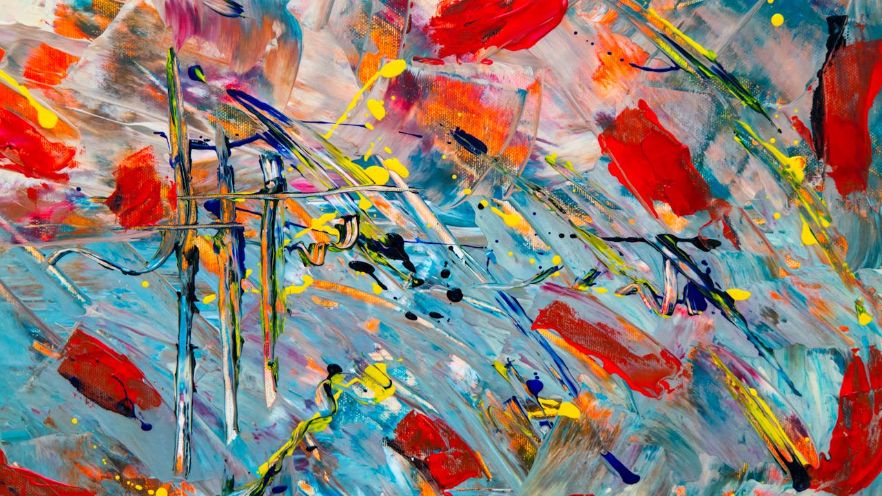 Vibrant abstract expressionist artwork with colorful dynamic composition
