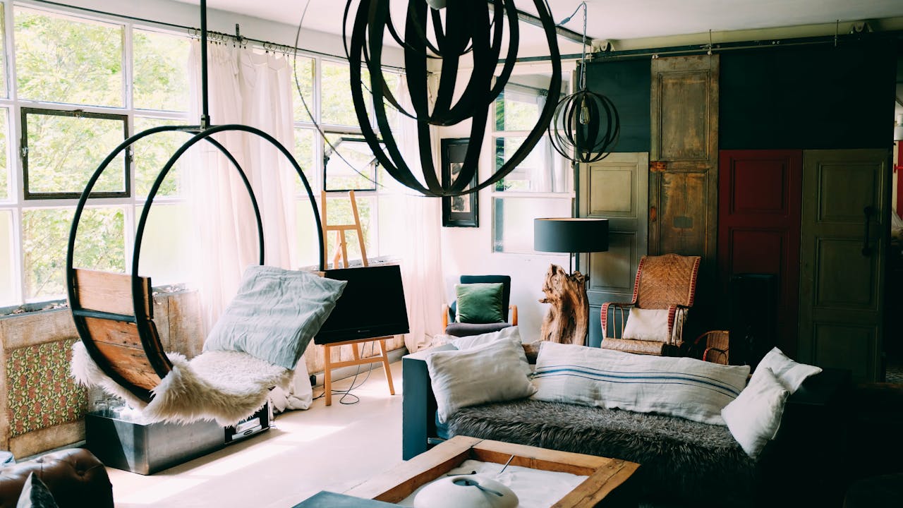 Artistic living room with modern furniture and large windows