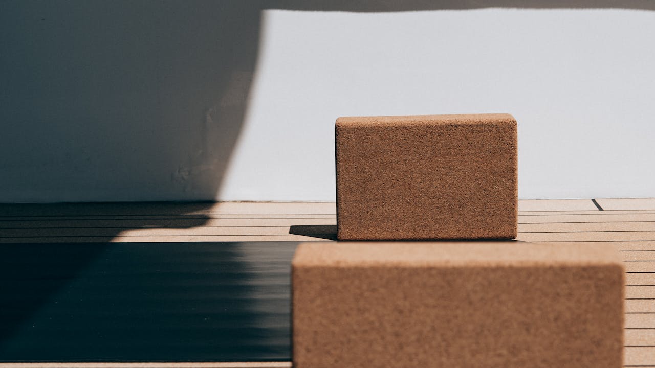Yoga blocks, straps, and props arranged neatly