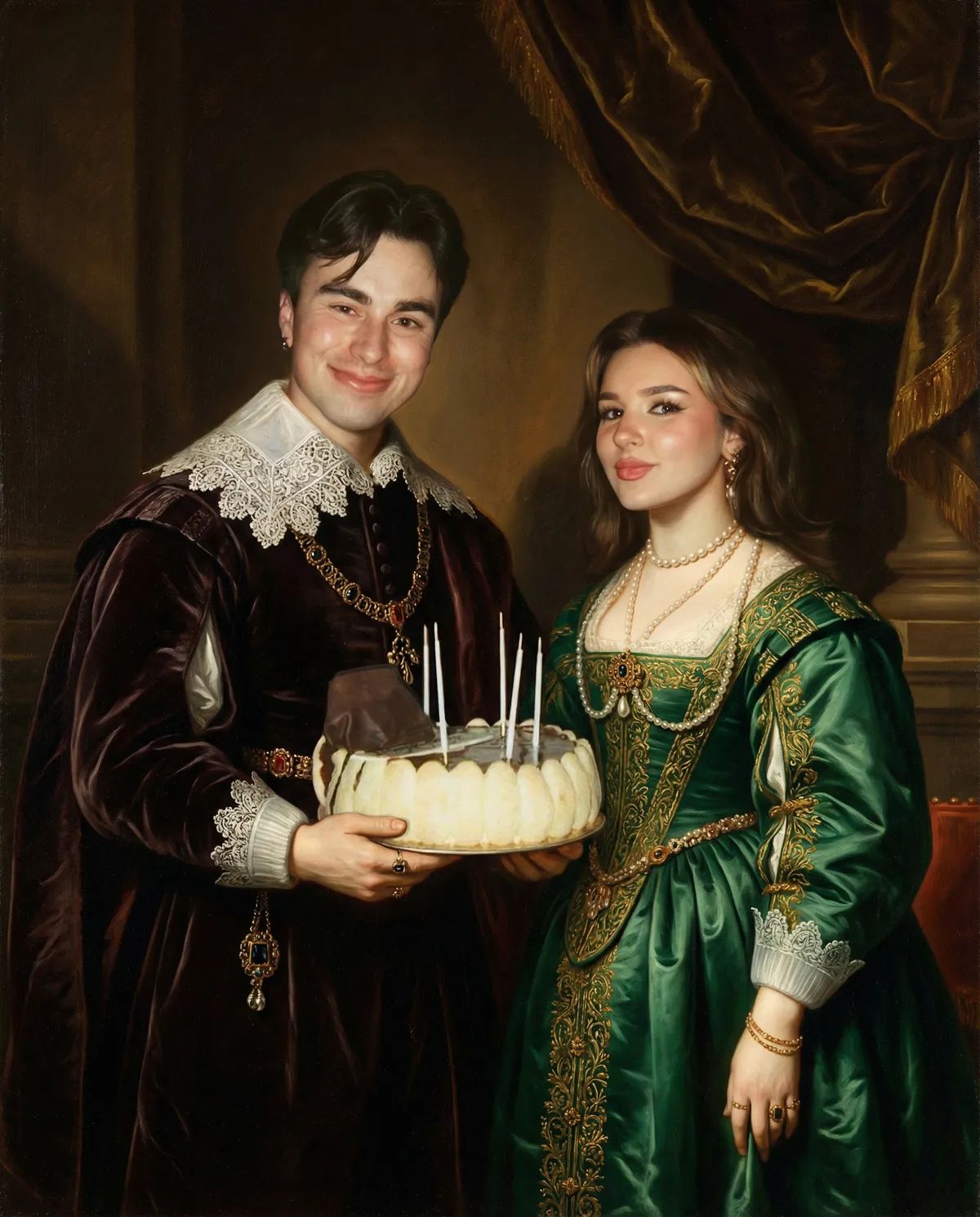 Custom couple portrait art celebrating together in renaissance style, personalized birthday gift wall art