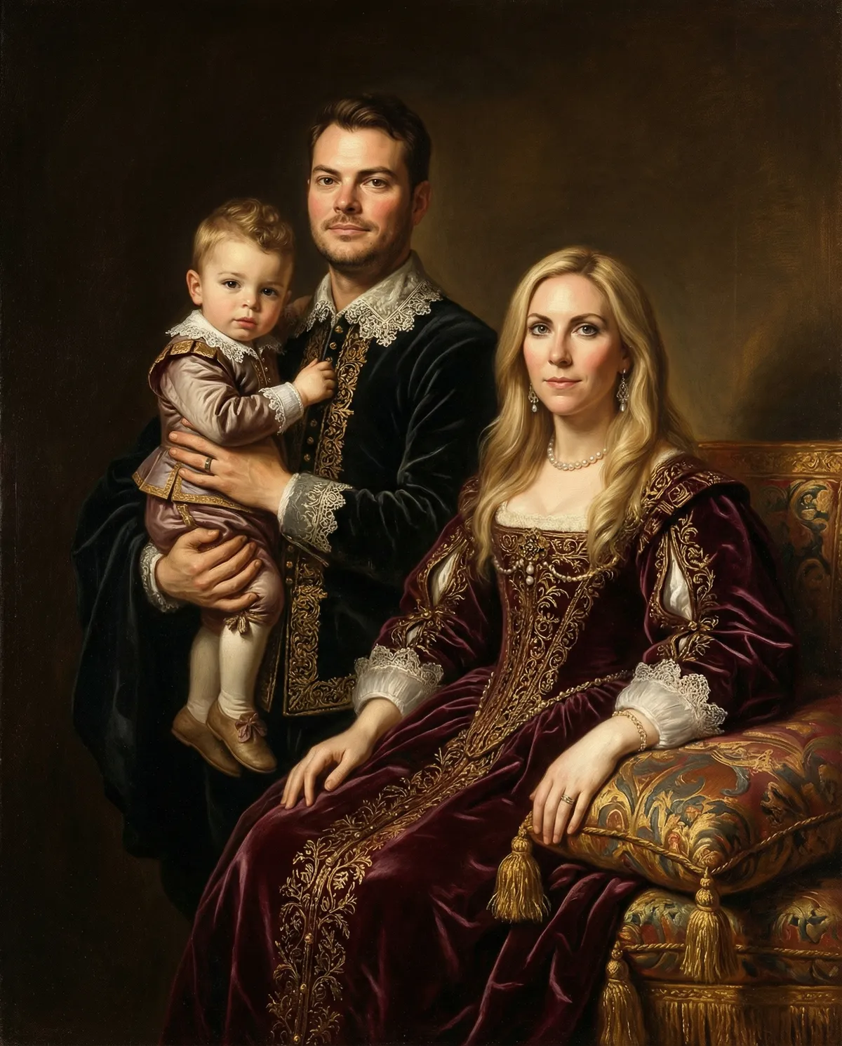Custom family portrait art with baby in aristocratic renaissance style, personalized wall art gift