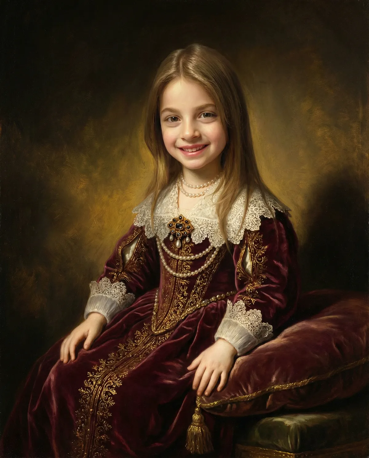 Custom child portrait art of girl in renaissance royal dress, personalized kids wall art gift