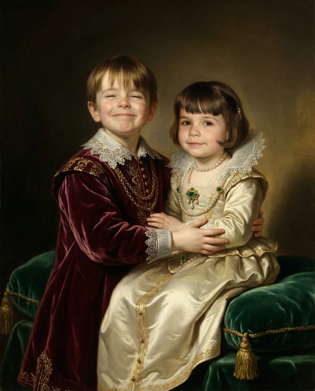 Custom siblings portrait art of brother and sister in royal attire, personalized children wall art