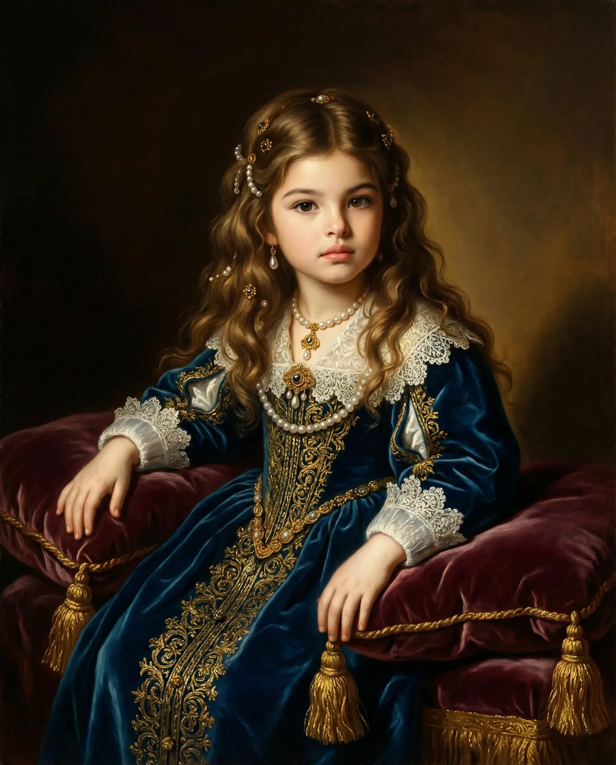 Custom child portrait art of girl in elegant blue royal dress, personalized kids room wall art