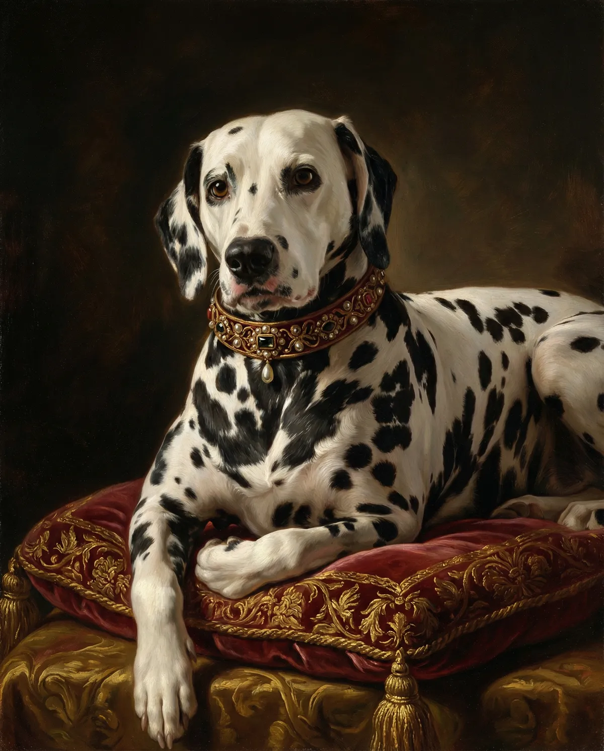 Custom Dalmatian dog portrait art in renaissance style, personalized pet memorial wall art