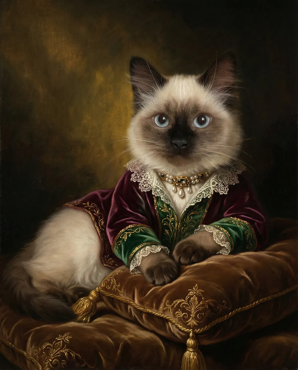 Custom Siamese cat portrait art in Victorian royal style, personalized cat lover gift wall art